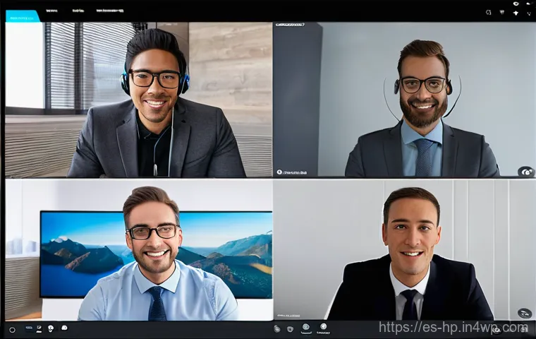 리모트 팀의 성과 기반 평가 시스템 구축 - A modern, brightly lit home office setup featuring a diverse group of four to five remote profession... 리모트 팀의 성과 기반 평가 시스템 구축 - A modern, brightly lit home office setup featuring a diverse group of four to five remote profession...