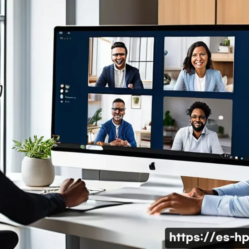 리모트 퍼스트의 커뮤니케이션 플랫폼 비교 - A diverse remote work team engaged in a lively video conference using a popular platform like Micros...
