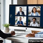 Home 21 리모트 퍼스트의 커뮤니케이션 플랫폼 비교 - A diverse remote work team engaged in a lively video conference using a popular platform like Micros...