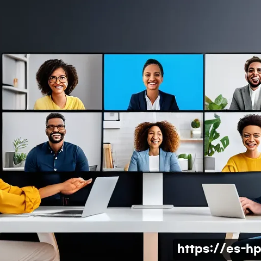 리모트 근무 환경에서의 커뮤니케이션 장벽 극복하기 - A diverse group of remote workers engaging in a lively video conference call from their home offices...