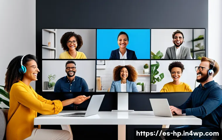 리모트 근무 환경에서의 커뮤니케이션 장벽 극복하기 - A diverse group of remote workers engaging in a lively video conference call from their home offices...