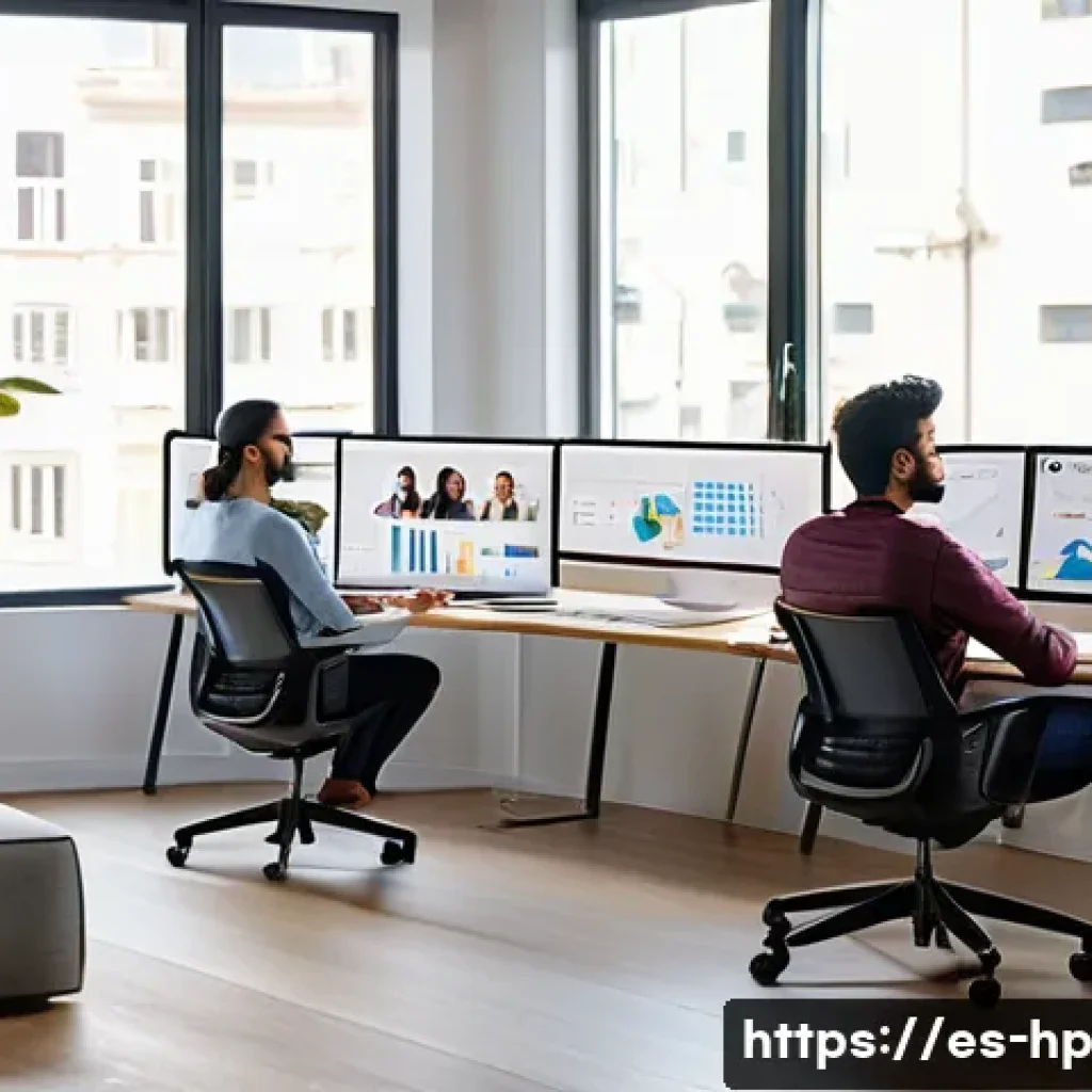 리모트 퍼스트 조직의 HR 정책 변화 - A modern remote work setup featuring a diverse team of Hispanic professionals collaborating from dif...