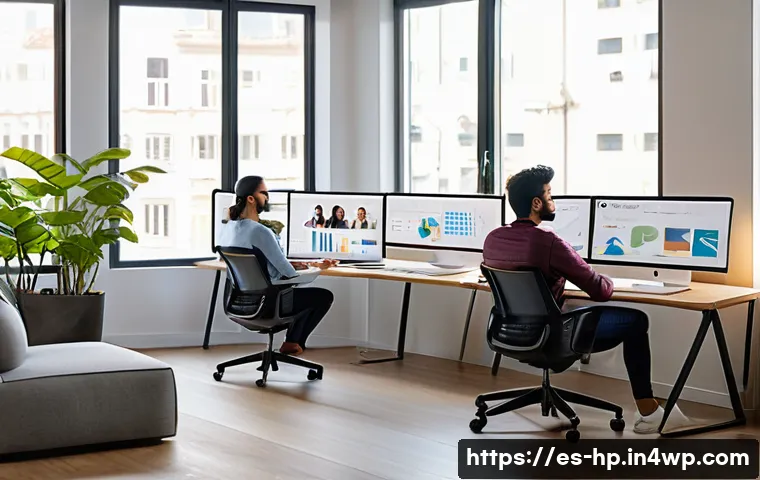 리모트 퍼스트 조직의 HR 정책 변화 - A modern remote work setup featuring a diverse team of Hispanic professionals collaborating from dif...