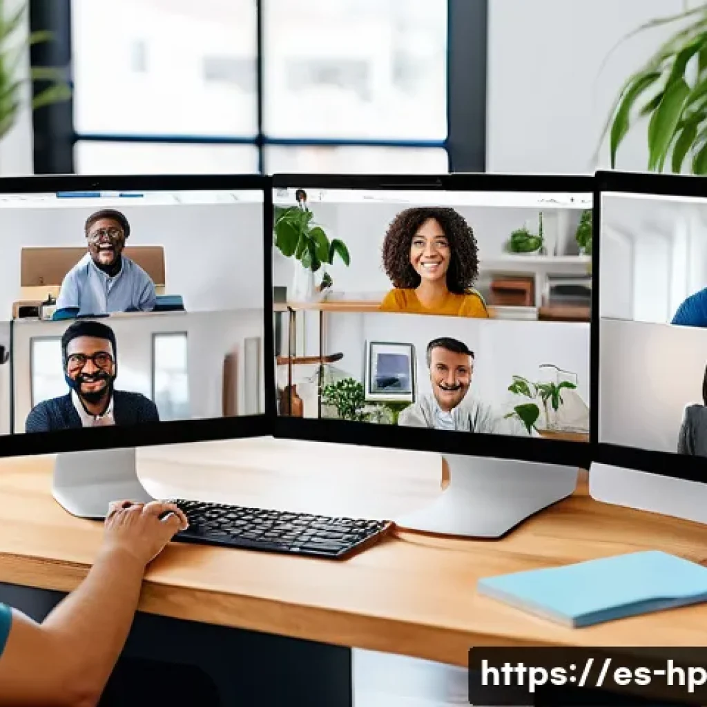 리모트 퍼스트 조직의 지속 가능한 성장 모델 - A diverse remote work team engaged in a lively virtual meeting, visible on multiple computer screens...