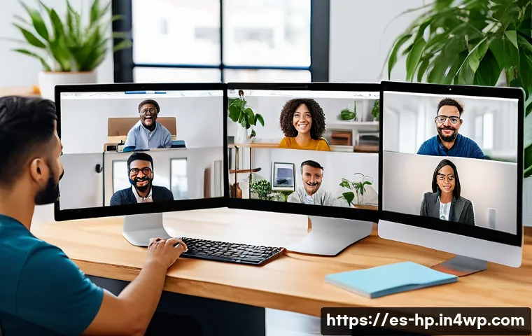 리모트 퍼스트 조직의 지속 가능한 성장 모델 - A diverse remote work team engaged in a lively virtual meeting, visible on multiple computer screens...